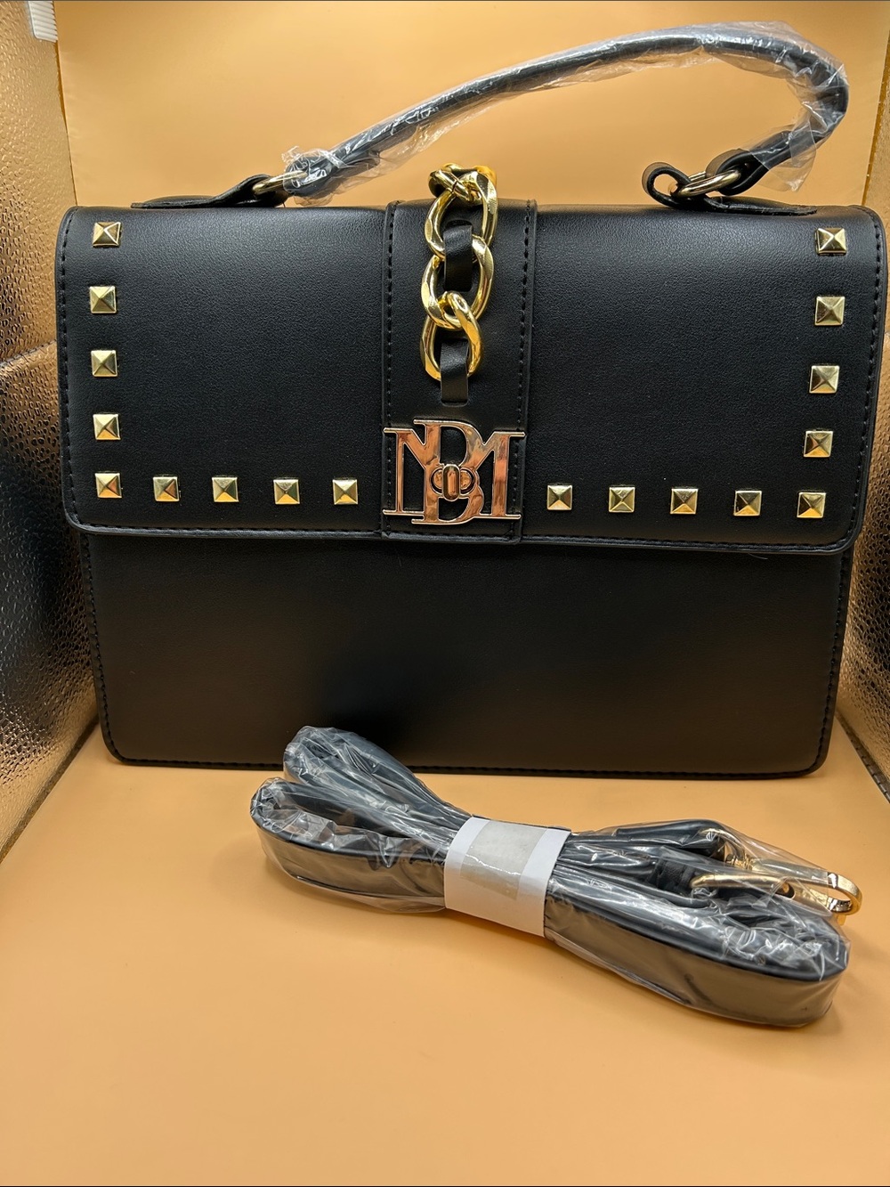 Bagley Mischka Black Vegan Two-Way Satchel & Crossbody w/Gold Hardware New w/Tag